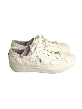Kate Spade Keds Triple Kick Sneakers Floral White W/Box Extra Laces Size 8.5 M